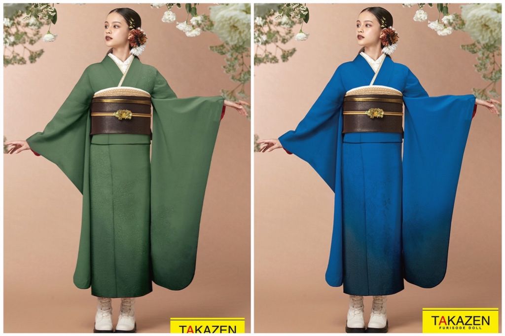 TAKAZEN　タカゼン　シンプル　青色　緑色　振袖　成人式　レンタル
