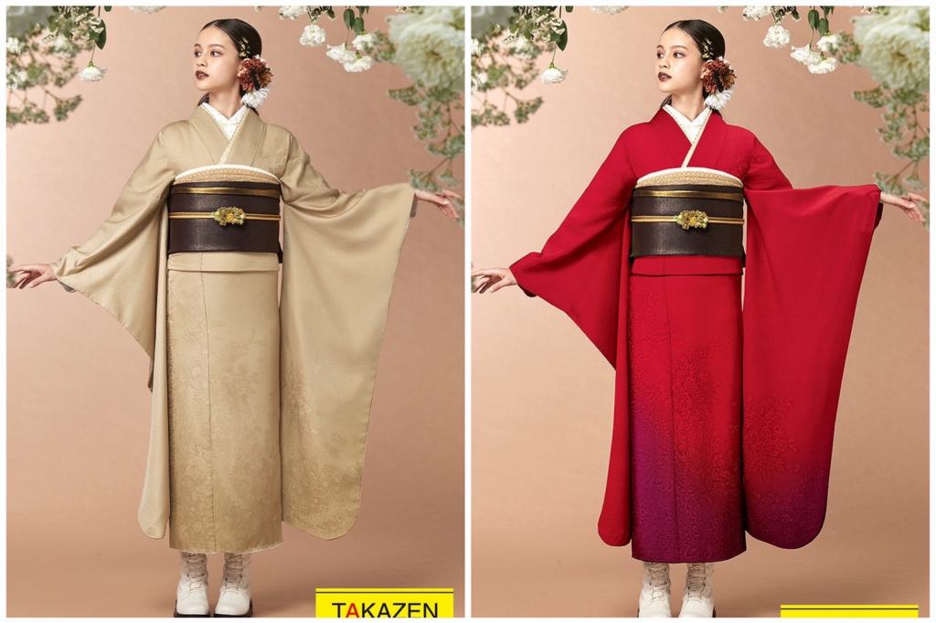 TAKAZEN　タカゼン　ベージュ　赤色　振袖　成人式　レンタル