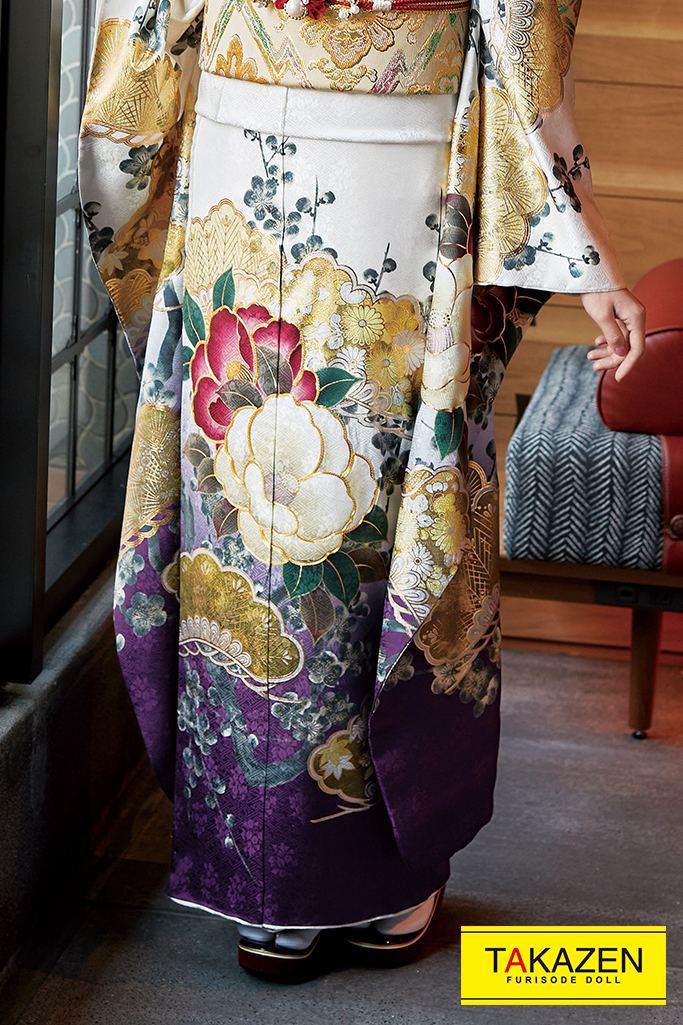 正統派古典 プチブラン 白 紫 パープル ツバキ柄 人と被らない 大人かわいい 上品 王道 通販可 K495 成人式振袖 卒業式袴レンタル 前撮りなら Takazen 大阪 梅田 心斎橋 堺 兵庫 神戸三宮 奈良の店舗へ