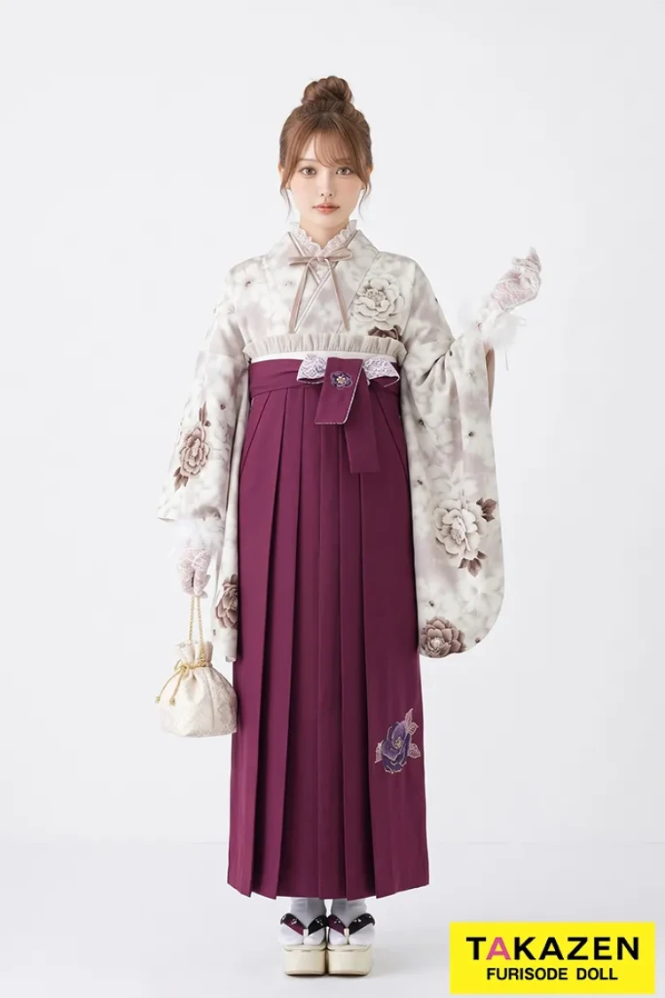 TAKAZENのレンタル袴 玉城ティナ×紅一点ブランド袴 くすみピンク/淡い色 薔薇柄 くすみカラーガーリー ゆるふわ ゆめかわいい【通販可】R23045