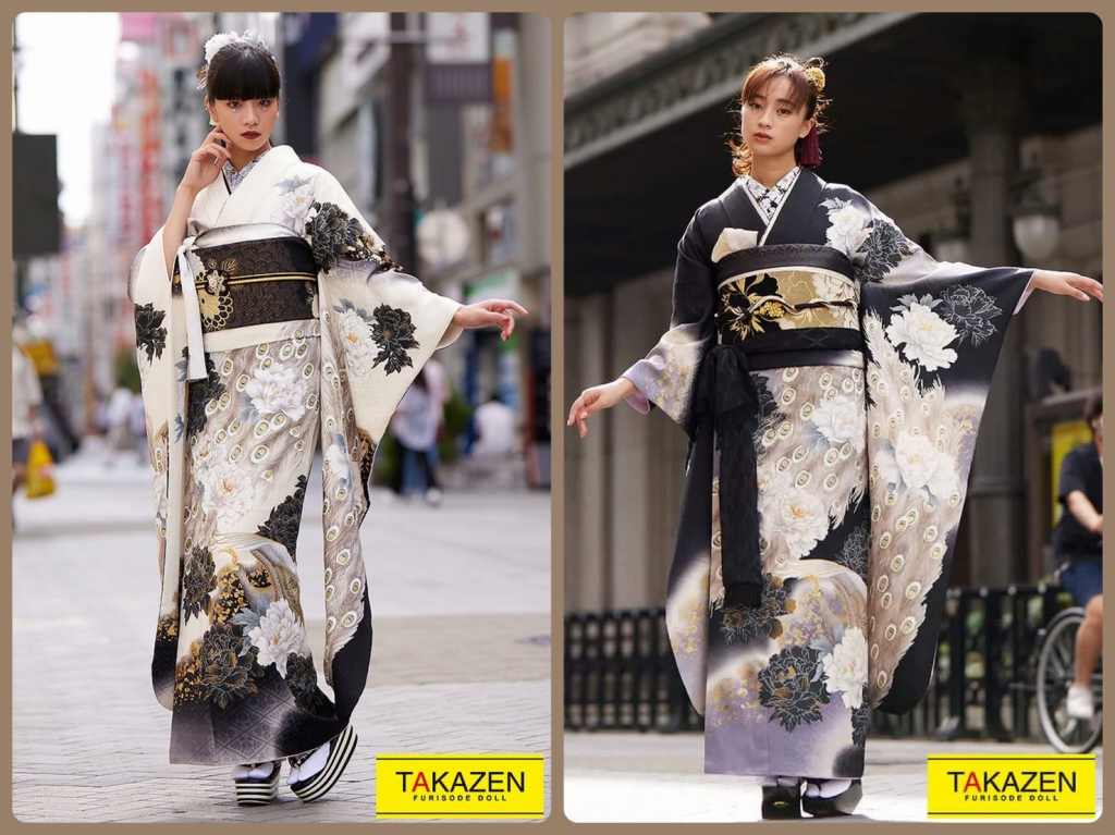 TAKAZEN　タカゼン　振袖　成人式　レンタル　孔雀　ヴィンテージ　白　黒　イマドキ　カッコイイ