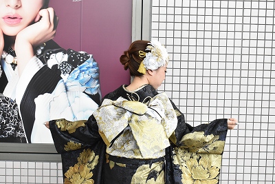 成人式　前撮り　振袖　帯アレンジ　ヘアアレンジ　夜会巻