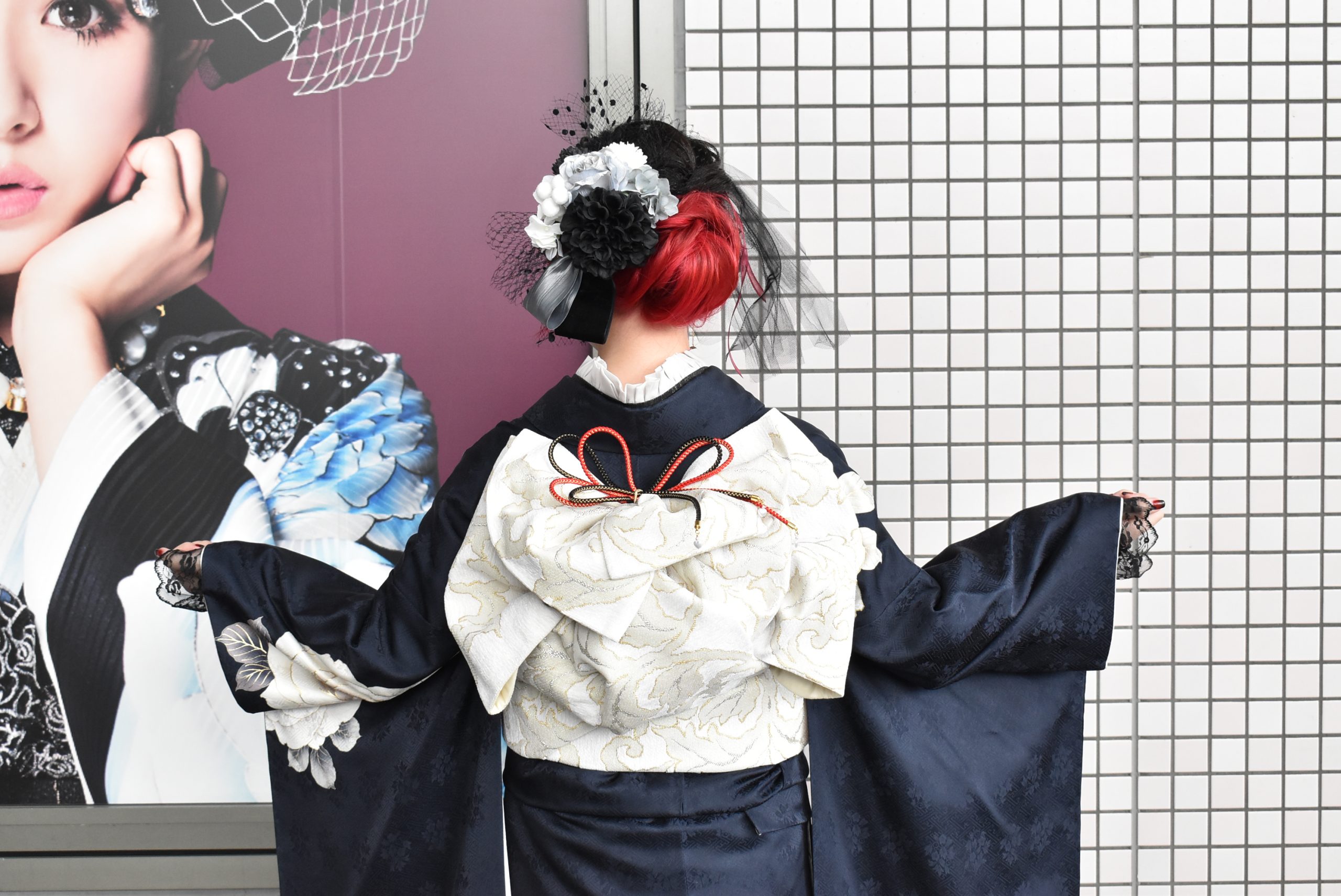 成人式　振袖　帯アレンジ　ヘアアレンジ　白帯
