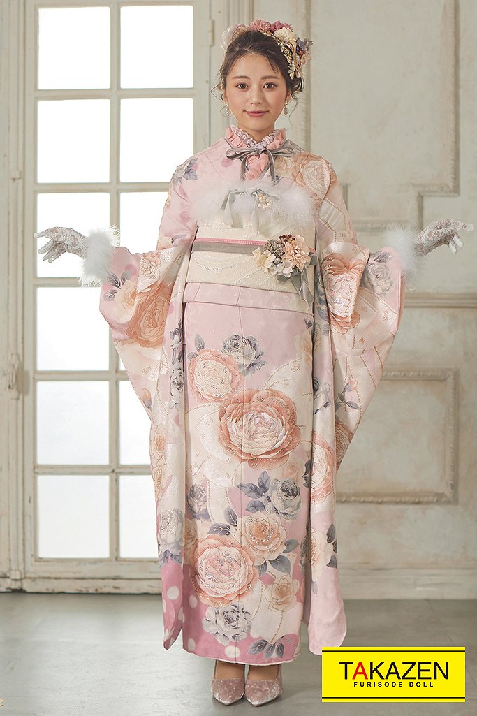 607z45〇竹久夢二 振袖 春を待つ 花 銀彩 ピンク〇美品