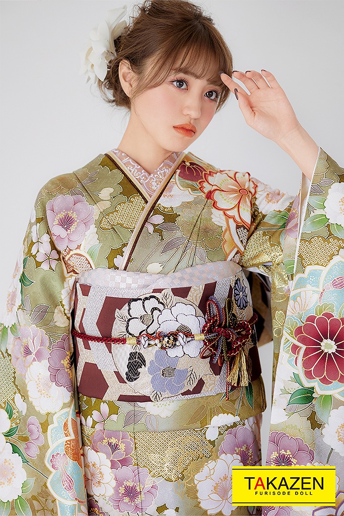 TAKAZENのレンタル振袖 くすみカラー古典　くすみグリーン　古典柄　上品　大人かわいい振袖　香音（かのん）ちゃん【通販可】K558