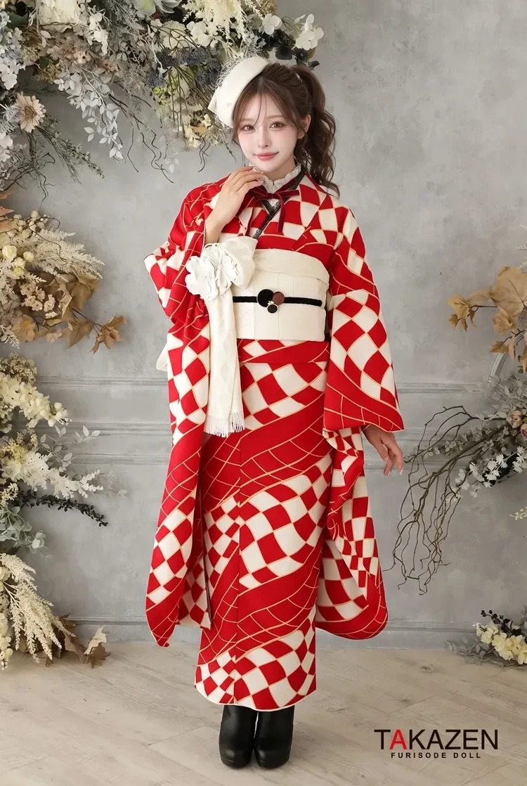 TAKAZENのレンタル振袖 格安レトロポップ 赤/白/紅白 幾何学模様/チェック柄 10万円以下 レトロ振袖 人と被らない 個性的【通販可】31018