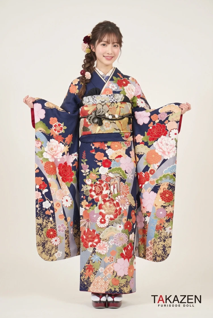 TAKAZENのレンタル振袖 正統派古典 紺/青 牡丹柄/柄多め 華やか古典振袖 鮮やかデザイン 大人っぽい 定番【通販可】G46