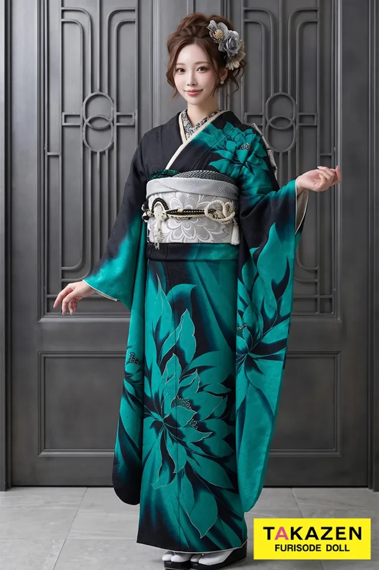 TAKAZENのレンタル振袖 格安クール系 黒/緑 蓮柄/スッキリ大柄 シンプル モード系振袖 大人っぽい かっこいい ギャル 夏音【通販可】G50
