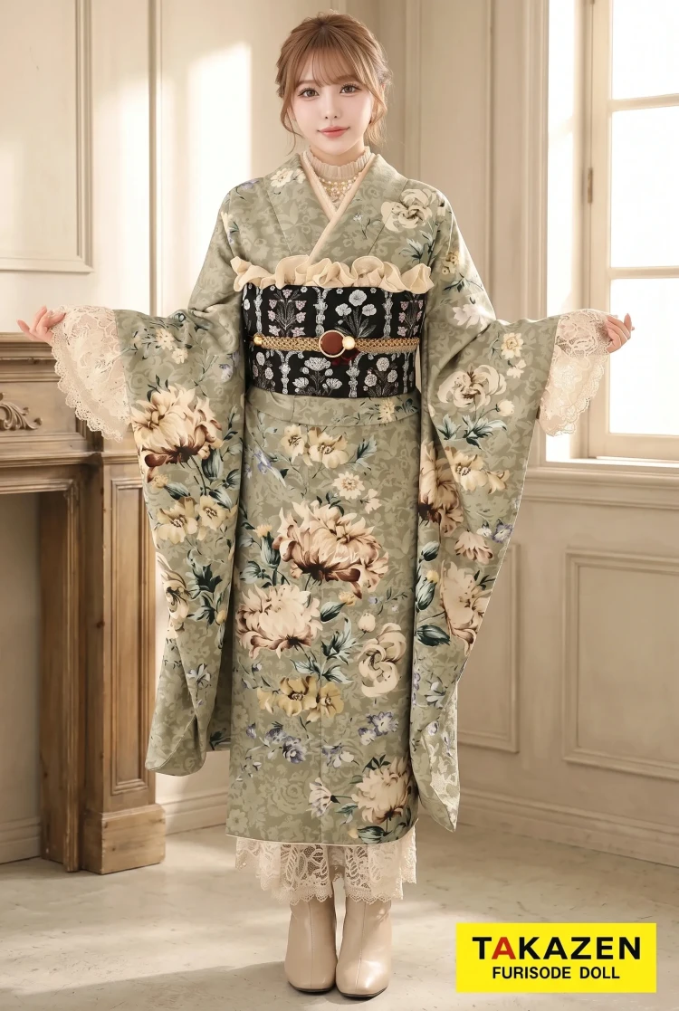 TAKAZENのレンタル振袖 くすみカラーガーリー　くすみグリーン　かわいい　今どき　くすみ系　JILLSTUART(ジルスチュアート)振袖　レースインナーコーデ【通販可】K623