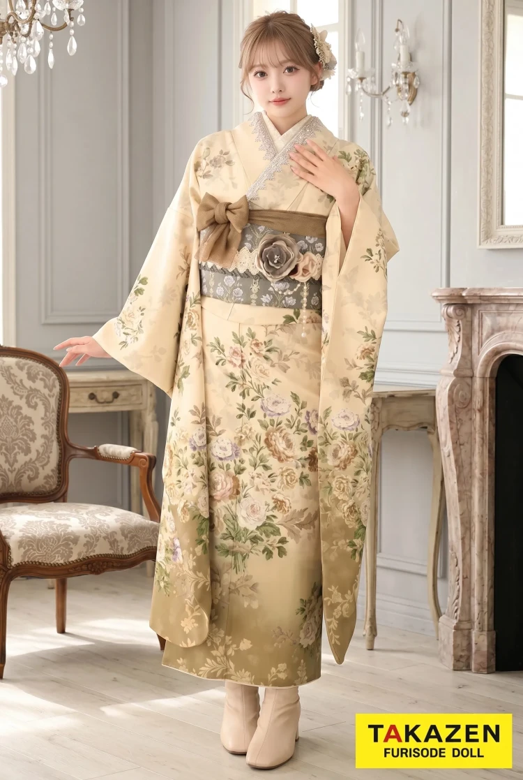 TAKAZENのレンタル振袖 くすみカラーガーリー　アイボリー/くすみ系/ダスティーカラー　JILLSTUART(ジルスチュアート)振袖　ブーツスタイル【通販可】K625