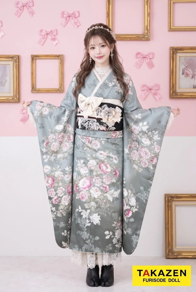 TAKAZENのレンタル振袖 くすみカラーガーリー くすみグリーン/スモーキーカラー アンティーク調 今どき JILLSTUART(ジルスチュアート)振袖 レースインナーコーデ【通販可】K626