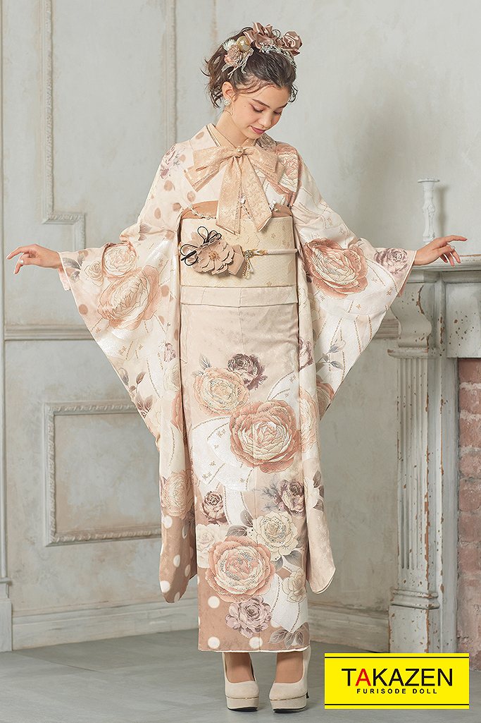振袖　可愛い　成人式　人気　流行り　薄い色　ブラウン　茶色　花柄　洋柄
