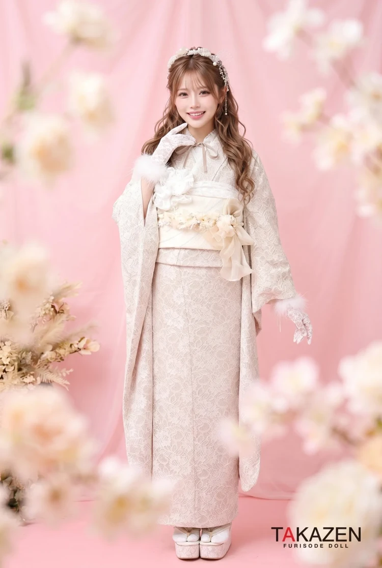 TAKAZENのレンタル振袖 キュートガーリー 薄ピンク/淡色 総レース かわいい おしゃれな着こなし リボンコーデ レース小物コーデ【通販可】G57