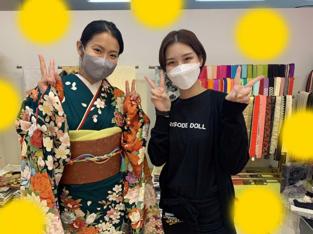 TAKAZEN神戸三宮店　前撮り撮影会　イマドキ　カワイイ　コディネート　振袖　レンタル　袴　古典　緑　