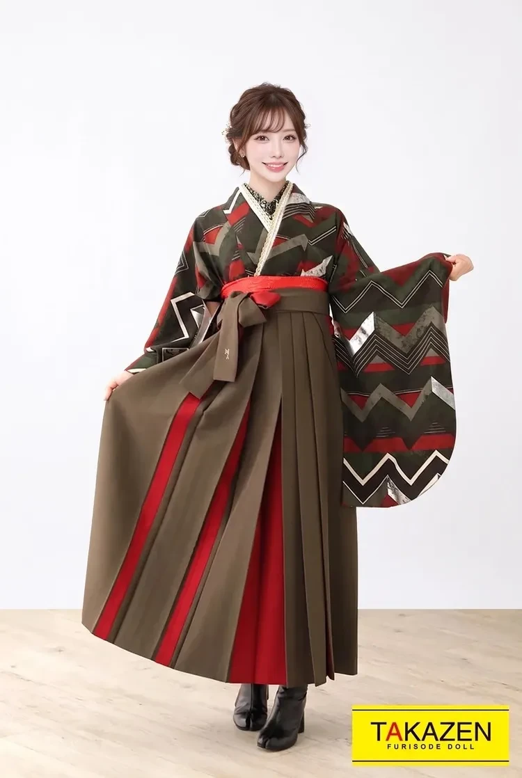 TAKAZENのレンタル袴 モード系 緑/赤 幾何学模様 シック かっこいい 粋 大人っぽい ブーツスタイル【通販可】R21035