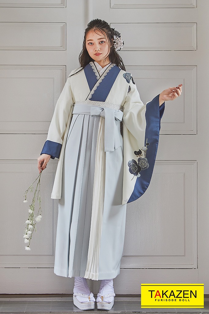 TAKAZENのレンタル袴 シンプルお洒落なバイカラー袴(柄少なめ)　青/白　V23075【通販可】
