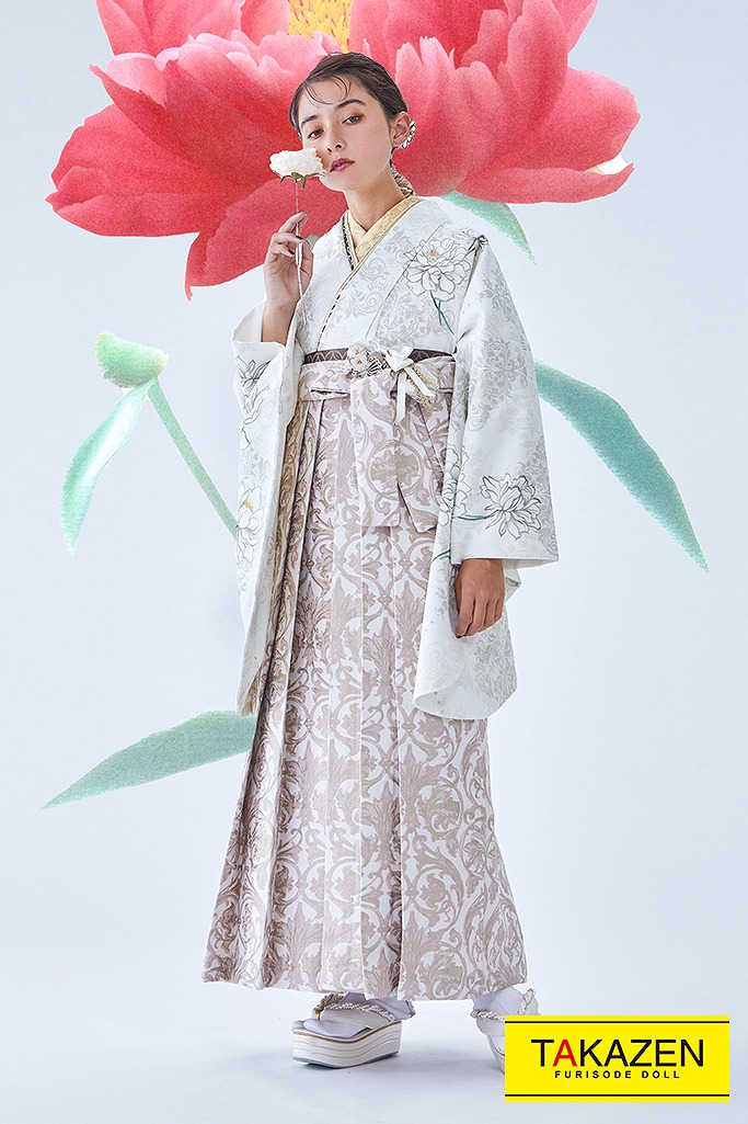 TAKAZENのレンタル袴 流行りの淡色ワントンコーデ袴(おしゃれな着こなし)　白　V23084【通販可】