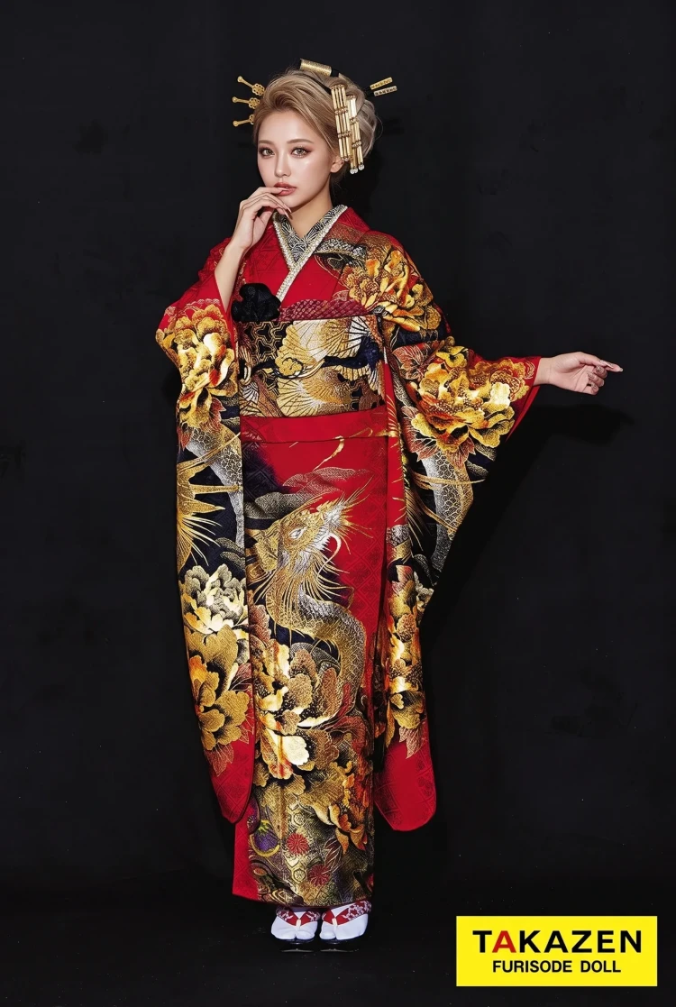 TAKAZENのレンタル振袖 ジャパンモード　赤/黒/ゴールド(金色)　本家龍柄　派手　渋い振袖　かっこいい　ギャル　いかつい　スワロフスキー付き【通販可】21046