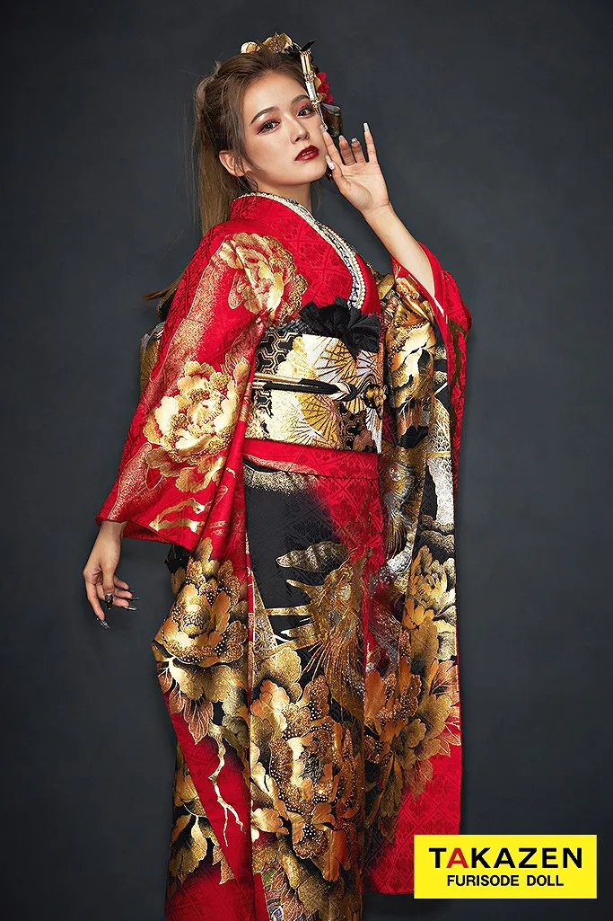 TAKAZENのレンタル振袖 ジャパンモード　赤/黒/ゴールド(金色)　本家龍柄　派手　渋い振袖　かっこいい　ギャル　厳つい　スワロフスキー付き【通販可】21046