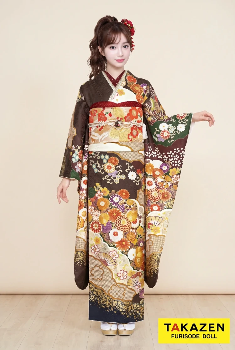 TAKAZENのレンタル振袖 正統派古典 ブラウン/茶色/金 吉祥文様 お洒落 大人っぽい 華やか 今どきの色合い【通販可】22019