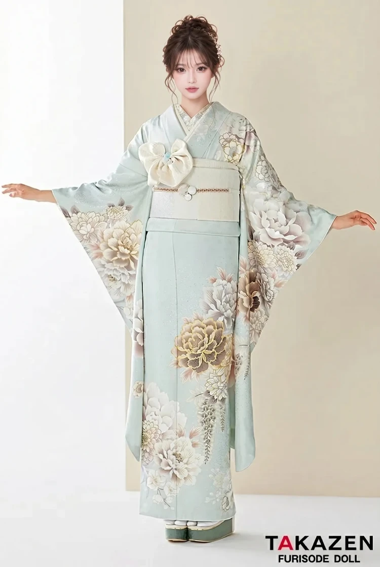 TAKAZENのレンタル振袖 正統派古典　くすみグリーン/ミントグリーン/水色　牡丹柄　かわいい　人気　假屋崎省吾デザイン振袖【通販可】23004