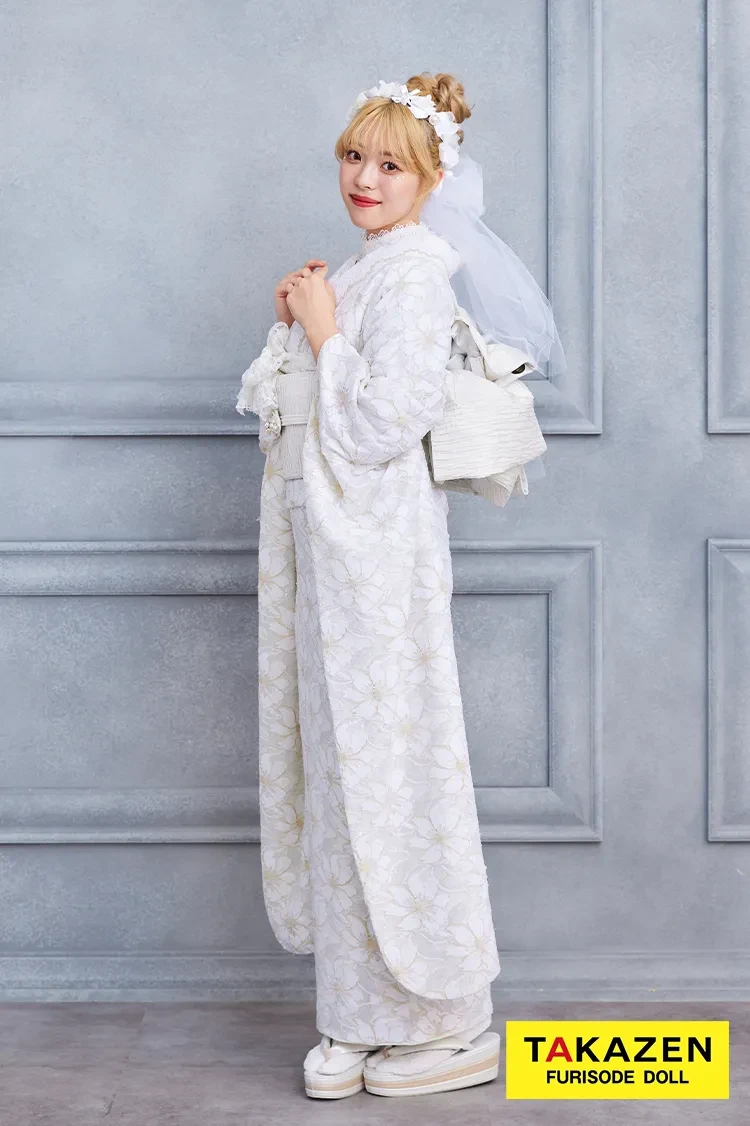 TAKAZENのレンタル振袖 激安!くすみカラーガーリー 白 総レース振袖 かわいい ホワイトコーデ 量産型 おしゃれ【通販】23015