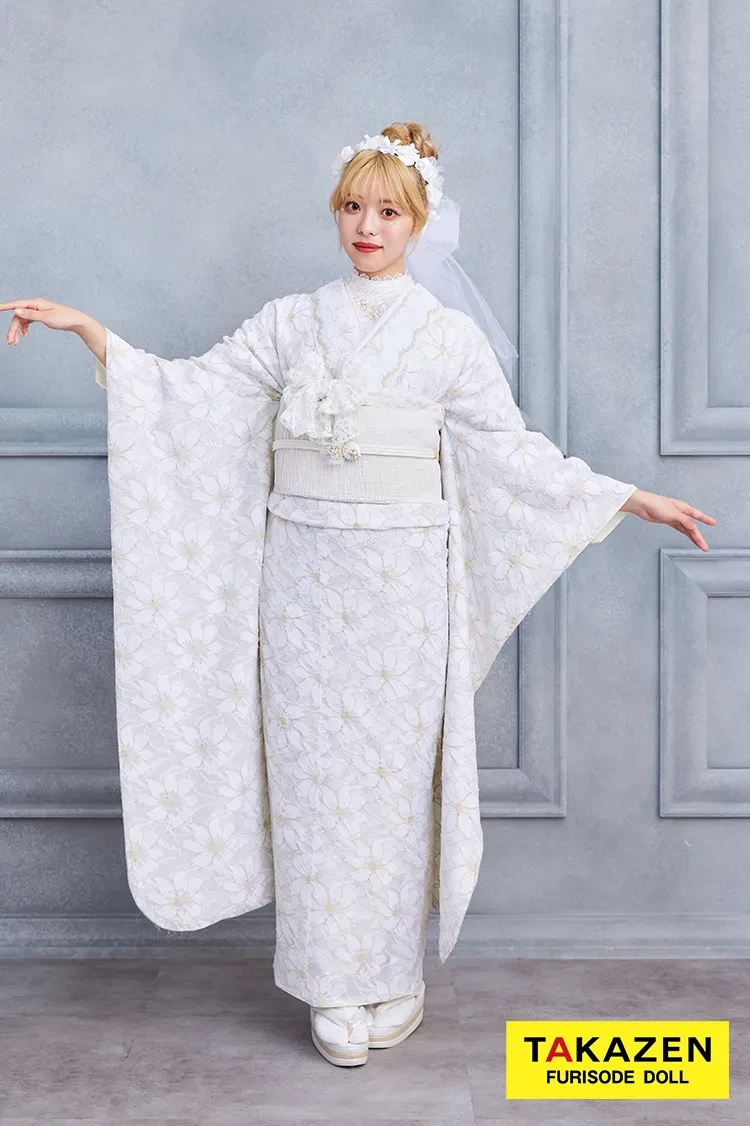 TAKAZENのレンタル振袖 激安!くすみカラーガーリー 白 総レース振袖 かわいい ホワイトコーデ 量産型 おしゃれ【通販】23015
