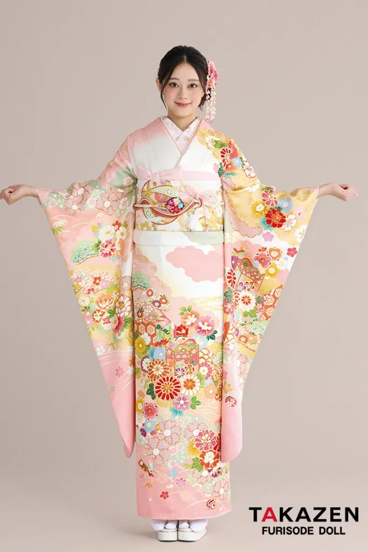 TAKAZENのレンタル振袖 正統派古典柄振袖 吉澤織物/最高級金彩手描友禅 白/ピンク 菊柄/貝桶柄 はんなりかわいい 清楚 おしとやか 佐藤不二子【通販可】23026