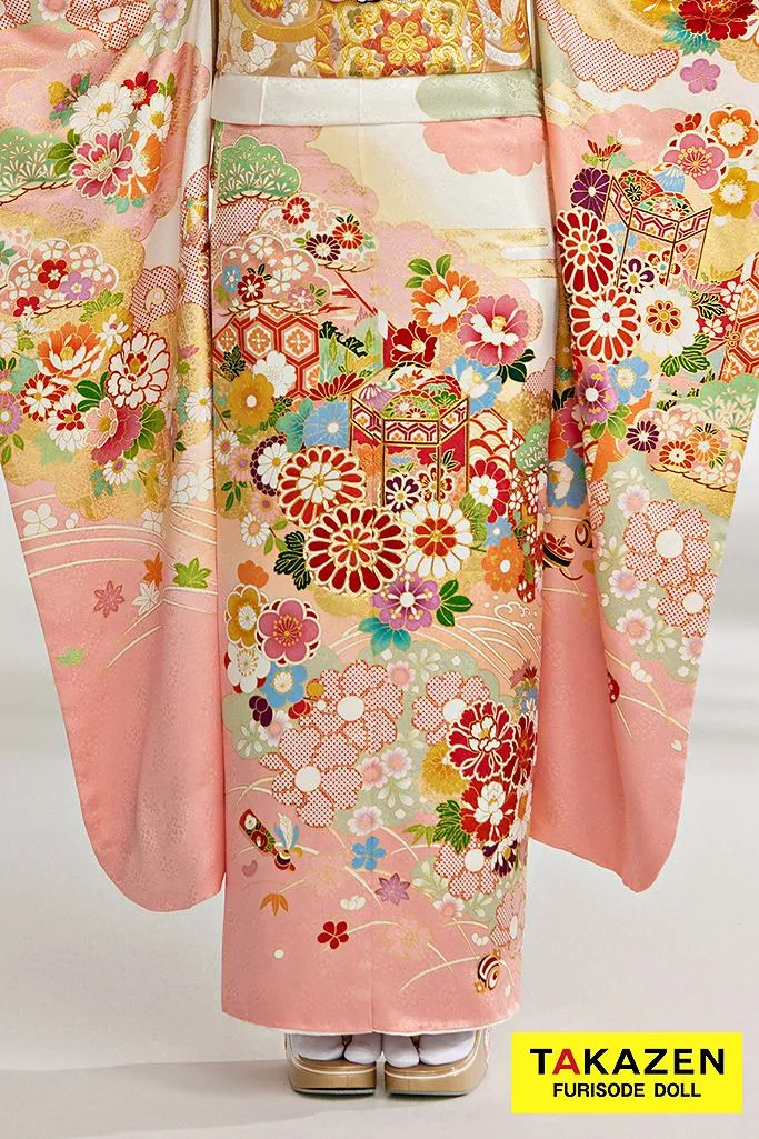 TAKAZENのレンタル振袖 正統派古典　白/ピンク/淡い色　貝桶柄　はんなり可愛い　清楚　最高級金彩手描友禅　昔ながら【通販可】23026