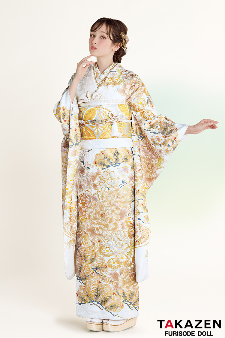 TAKAZENのレンタル振袖 正統派古典　白金/ゴールド　牡丹柄　エレガント　綺麗　大人っぽい　無彩色　金彩京友禅　古典柄一番人気【通販可】23031