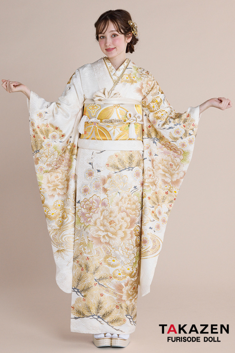 TAKAZENのレンタル振袖 正統派古典　白金/ゴールド　牡丹柄　エレガント　綺麗　大人っぽい　無彩色　金彩京友禅　古典柄一番人気【通販可】23031