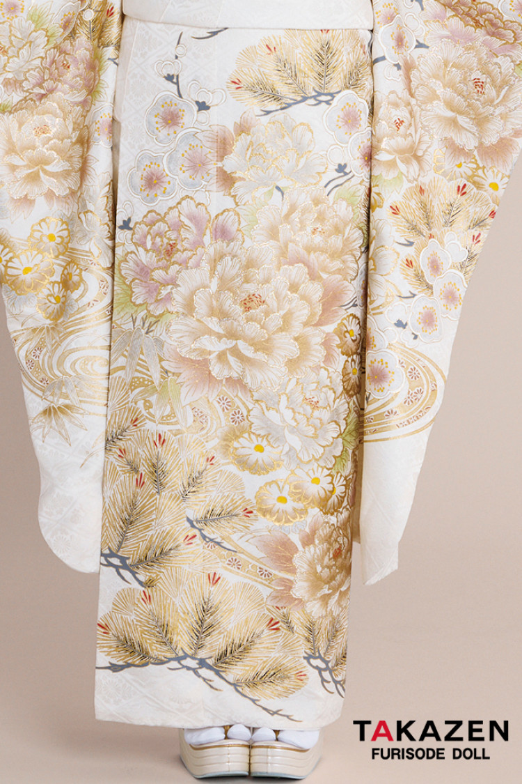 TAKAZENのレンタル振袖 正統派古典　白金/ゴールド　牡丹柄　エレガント　綺麗　大人っぽい　無彩色　金彩京友禅　古典柄一番人気【通販可】23031