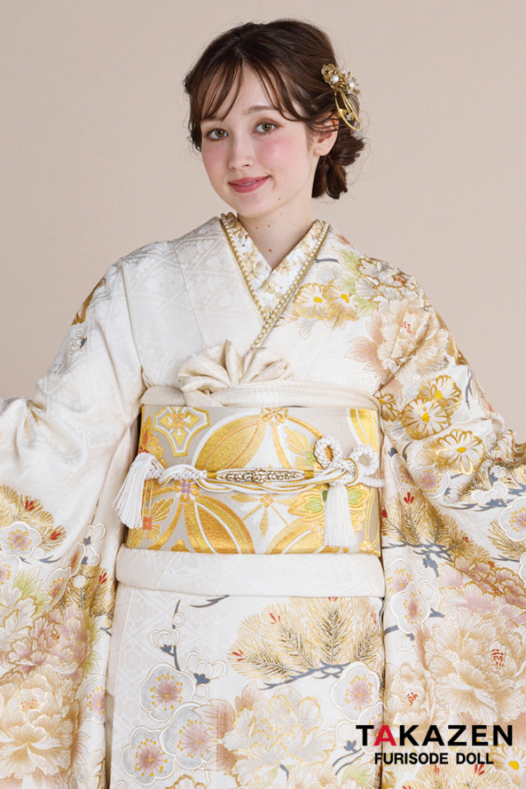 TAKAZENのレンタル振袖 正統派古典　白金/ゴールド　牡丹柄　エレガント　綺麗　大人っぽい　無彩色　金彩京友禅　古典柄一番人気【通販可】23031