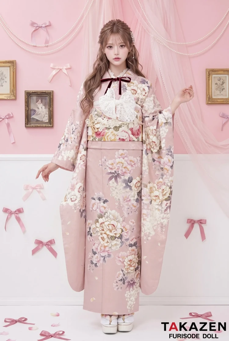 TAKAZENのレンタル振袖 くすみカラーガーリー 淡色/ピンク 牡丹柄 トレンド かわいい振袖 香音ちゃん フレンチガーリー【通販可】23041