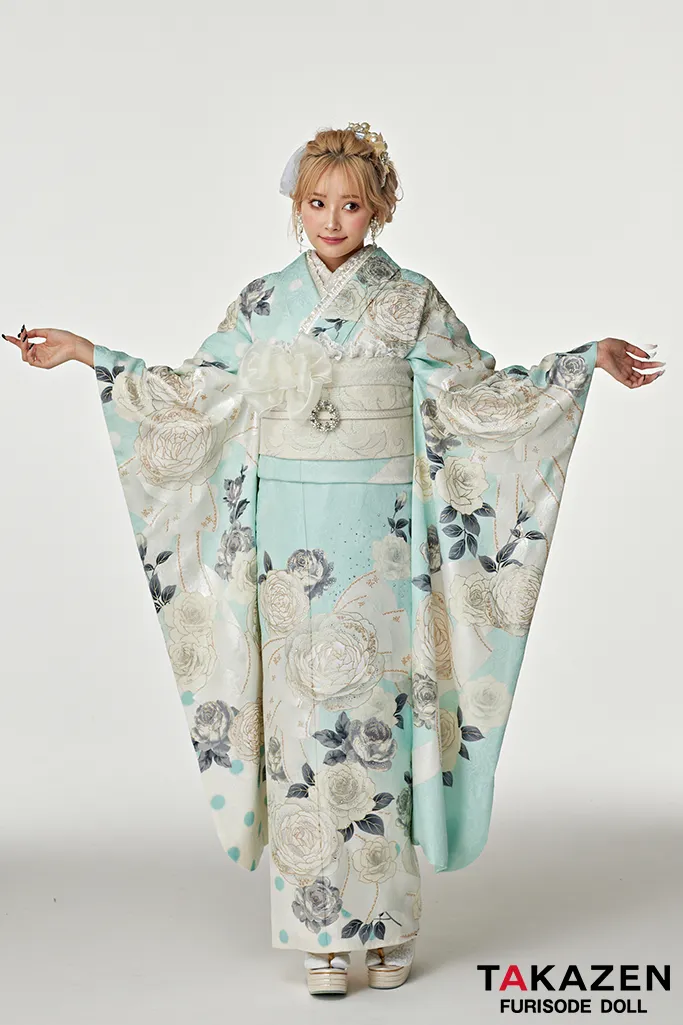 白ラメ　牡丹に菊と熨斗の振袖(単品お仕立て) 白ラメ牡丹に菊と熨斗の振袖(単品お仕立て)