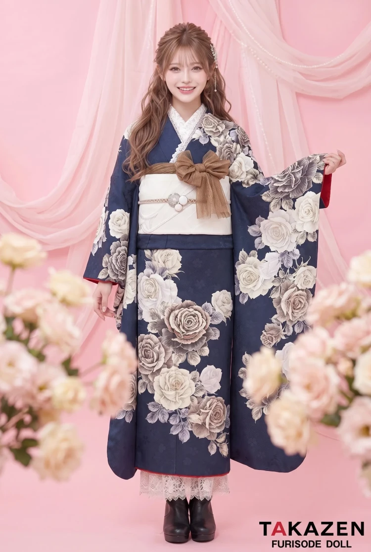 TAKAZENのレンタル振袖 くすみカラーガーリー 紺色/ネイビー/グレー 薔薇柄 おしゃれ かわいい振袖 ハイネック/ブーツコーデ【通販可】24015