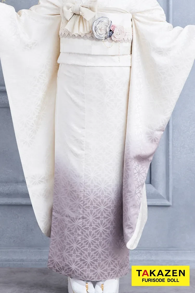 TAKAZENのレンタル振袖 安い!くすみカラーエレガント 白/グレー/ニュアンスカラー 九重×中村里砂ブランド振袖 シンプル 無地振袖 グラデーション【通販可】24016