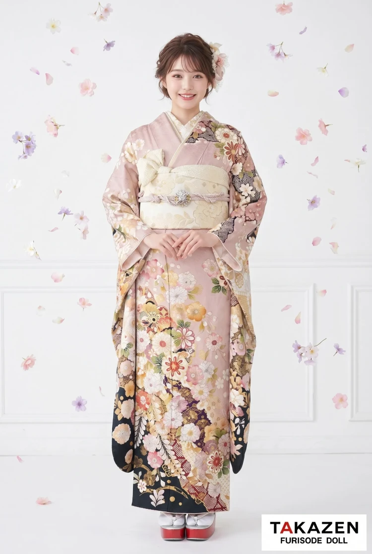 TAKAZENのレンタル振袖 くすみカラー古典 薄ピンク/やわらかい色 辻が花 大人っぽい 唐絞り 高級 淡い色【通販可】24023