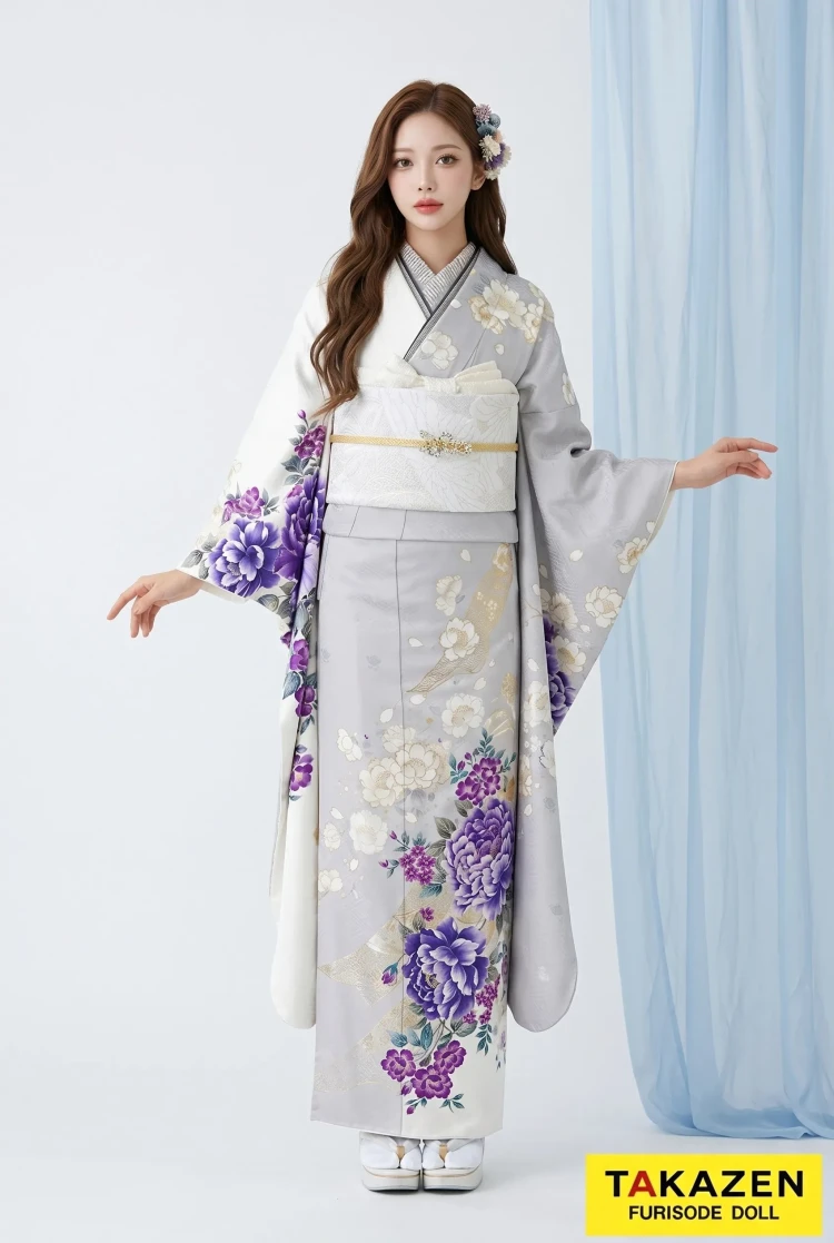 TAKAZENのレンタル振袖 くすみカラー古典 グレー/白/紫/淡い色 ボタン柄 シンプル 大人っぽい バイカラー 品のある振袖【通販可】24024