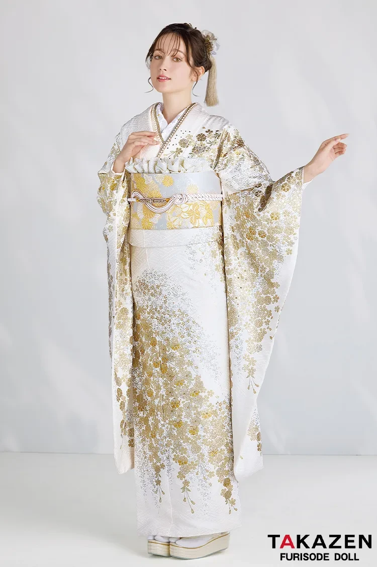 TAKAZENのレンタル振袖 最高級古典柄振袖　関芳/最高級金駒金彩刺繍友禅　白金　桜柄　キラキラ　上品　正絹　スワロフスキー付き　透明感のある　周防ジゼル【通販可】24039