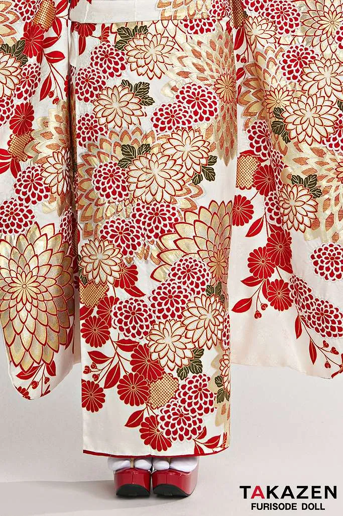 TAKAZENのレンタル振袖 最新作プレミアム古典　白/金/赤　菊柄　上品　きれいな　正絹　最高級金彩刺繍絞り友禅　はんなり　豪華【通販可】24040