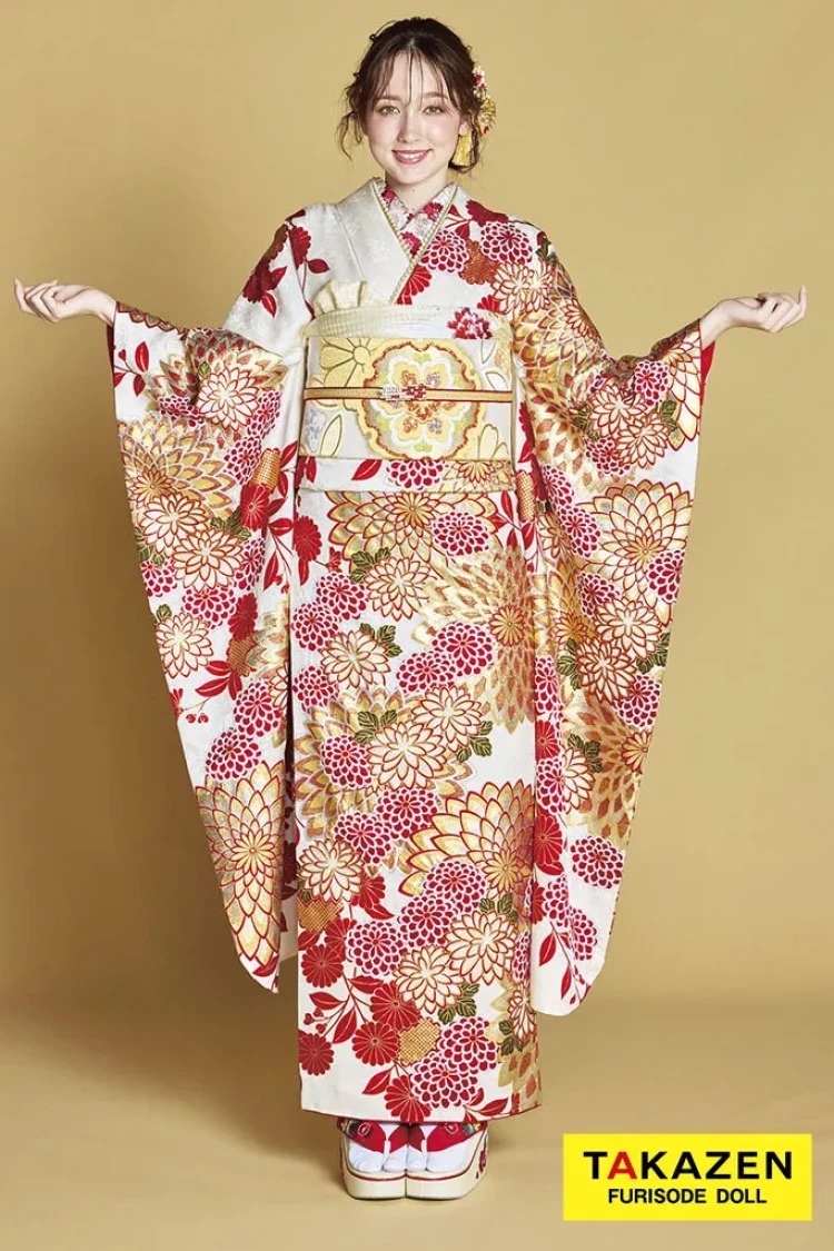 TAKAZENのレンタル振袖 最高級古典柄振袖 滝泰/最高級金彩刺繍絞り友禅 白/金/赤 菊柄 上品な振袖 綺麗 はんなり 豪華 唐絞り 周防ジゼル【通販可】24040