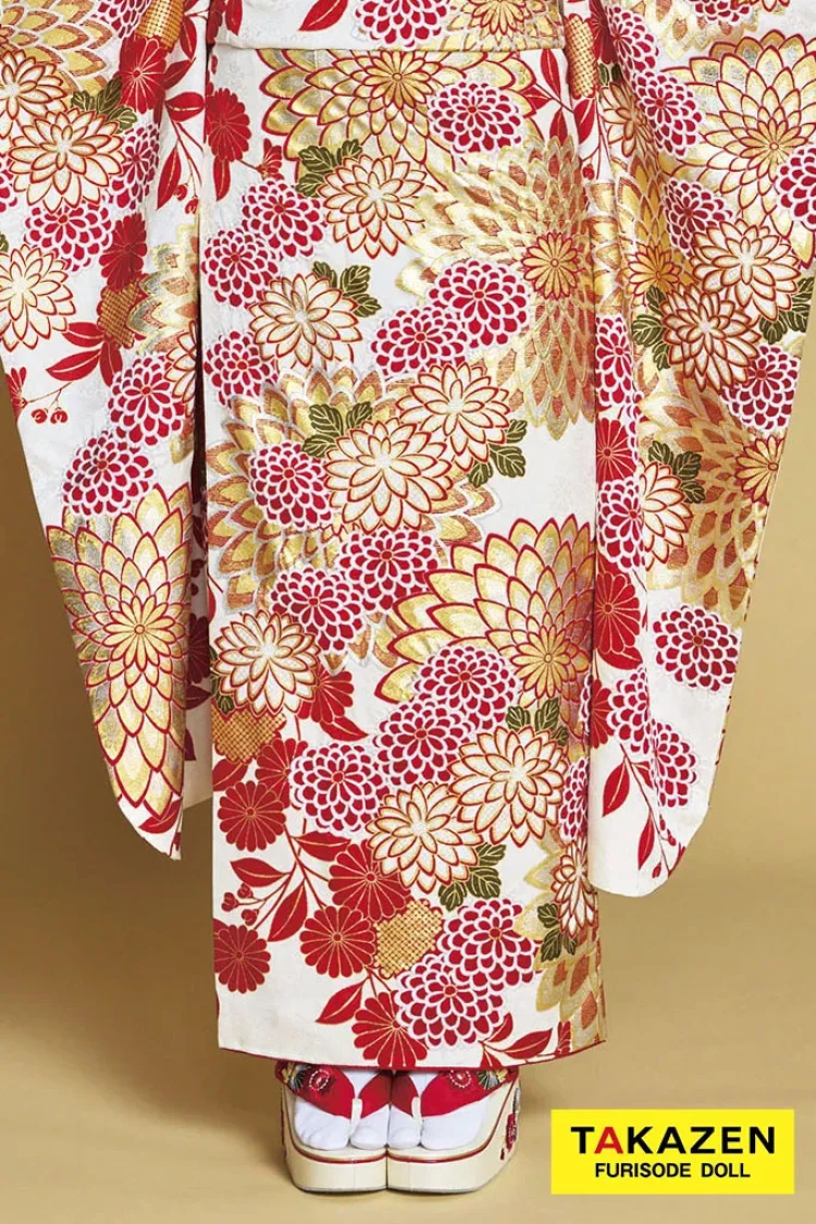 TAKAZENのレンタル振袖 最高級古典柄振袖 滝泰/最高級金彩刺繍絞り友禅 白/金/赤 菊柄 上品な振袖 綺麗 はんなり 豪華 唐絞り 周防ジゼル【通販可】24040