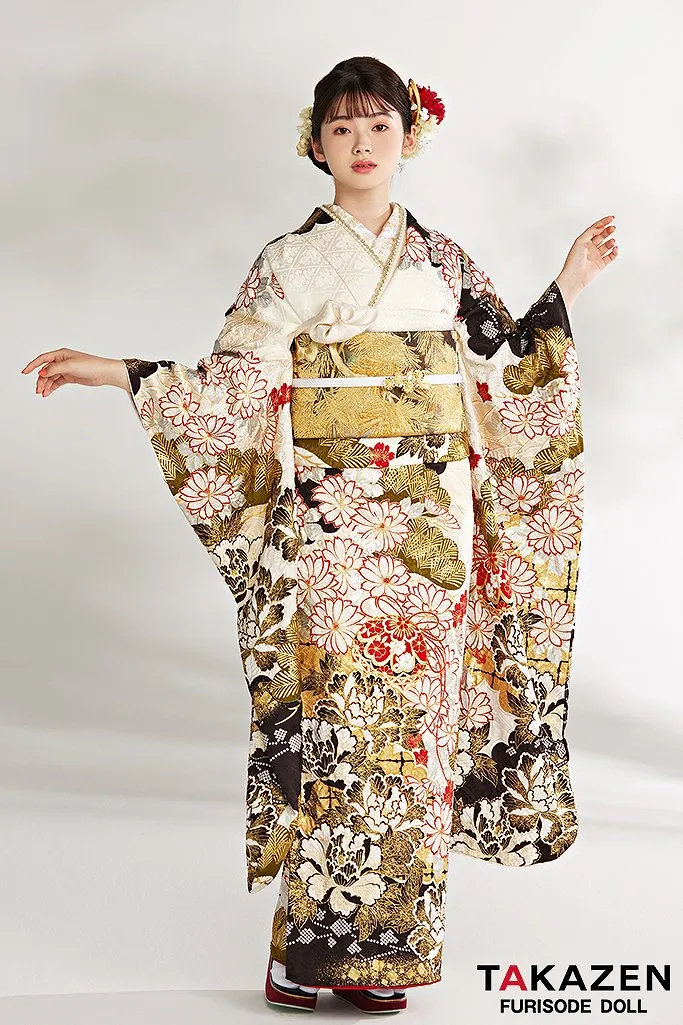 TAKAZENのレンタル振袖 最新作プレミアム古典　白/金/茶　毬柄/牡丹柄　大人っぽい　豪華　最高級金彩刺繍絞り友禅【通販可】24042