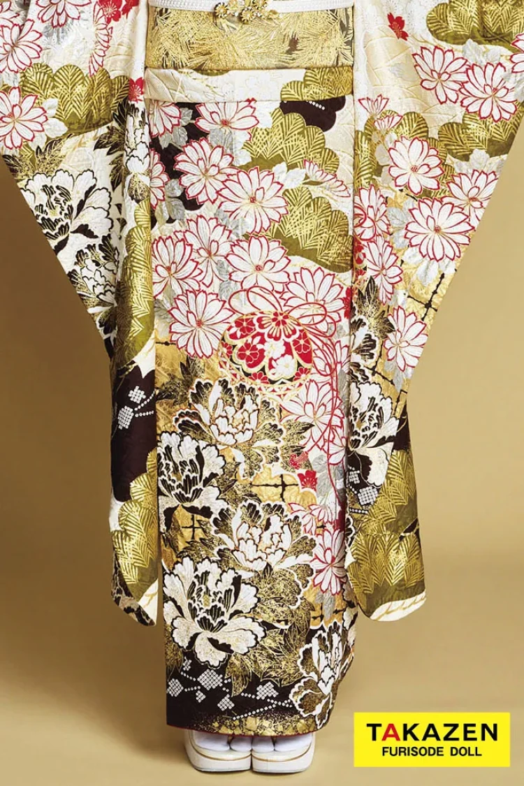 TAKAZENのレンタル振袖 最高級古典柄振袖 滝泰/最高級金彩刺繍絞り友禅 白/金/茶 鞠柄/牡丹柄 大人っぽい 豪華 上品 白宮みずほ【通販可】24042