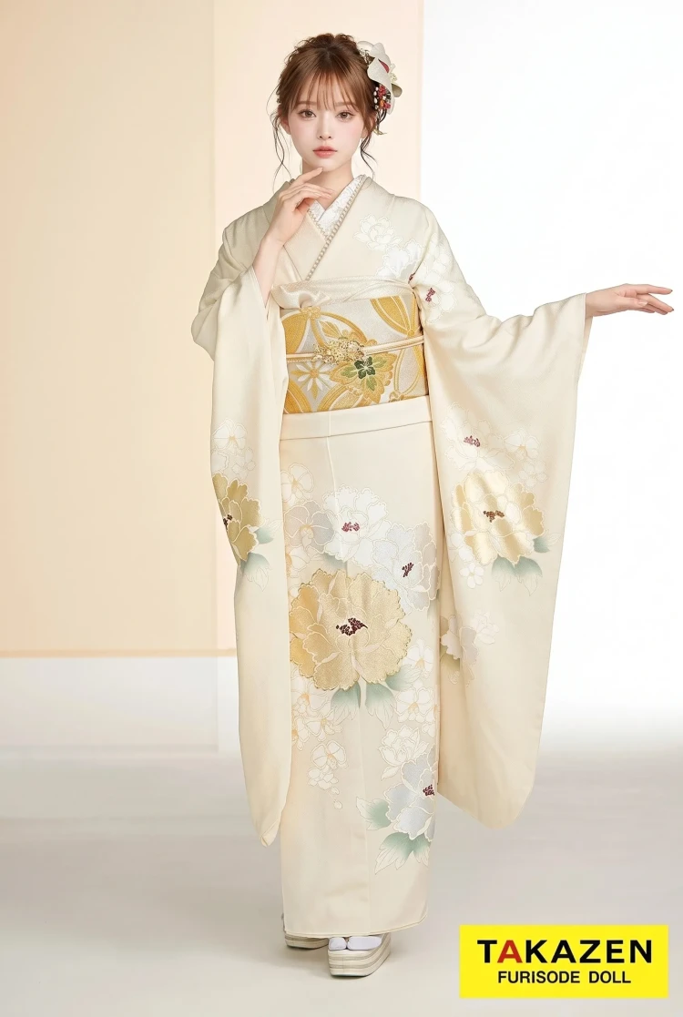 TAKAZENのレンタル振袖 正統派古典 クリーム/金(ゴールド) 牡丹柄 シンプル おしとやか 上品 最高級金彩手描友禅 オフカラー【通販可】24044