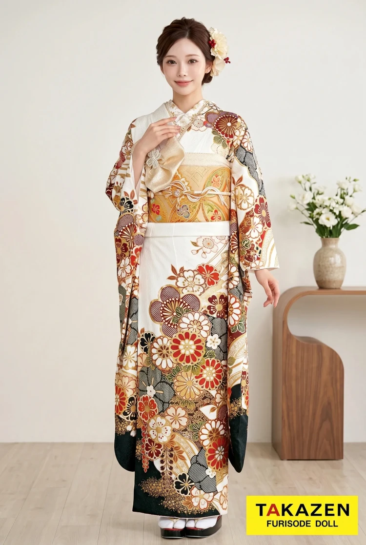 TAKAZENのレンタル振袖 正統派古典　白/黒/赤　菊柄　かわいい　清楚　伝統的　金彩刺繍京友禅　おしとやか【通販可】24046