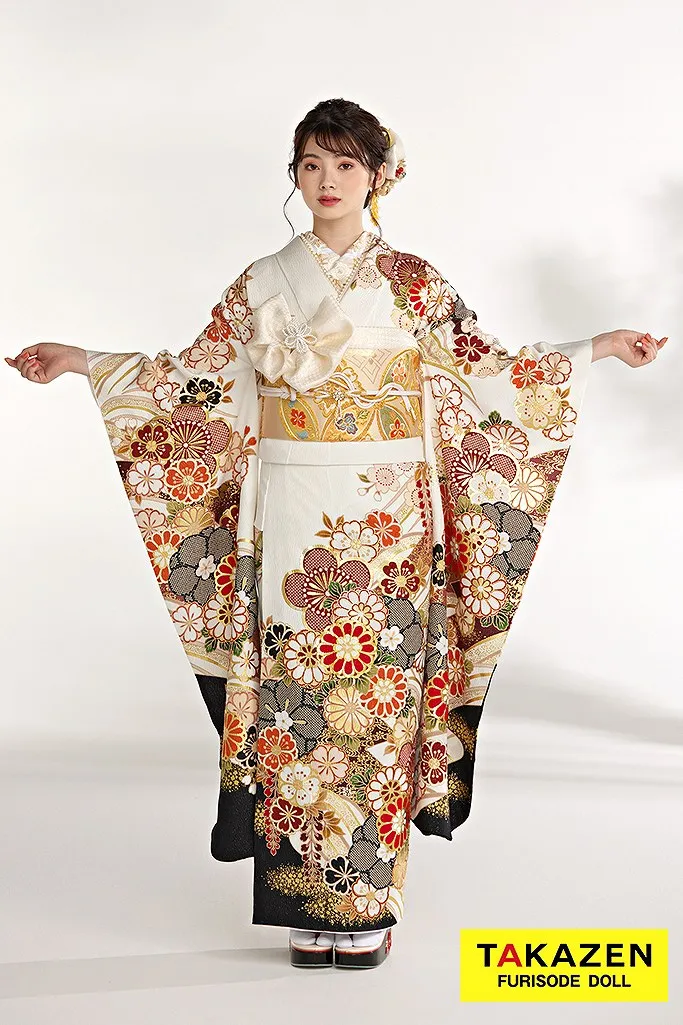 最新作正統派古典 白/黒/赤 菊柄 かわいい 清楚 伝統的 金彩刺繍京友禅 