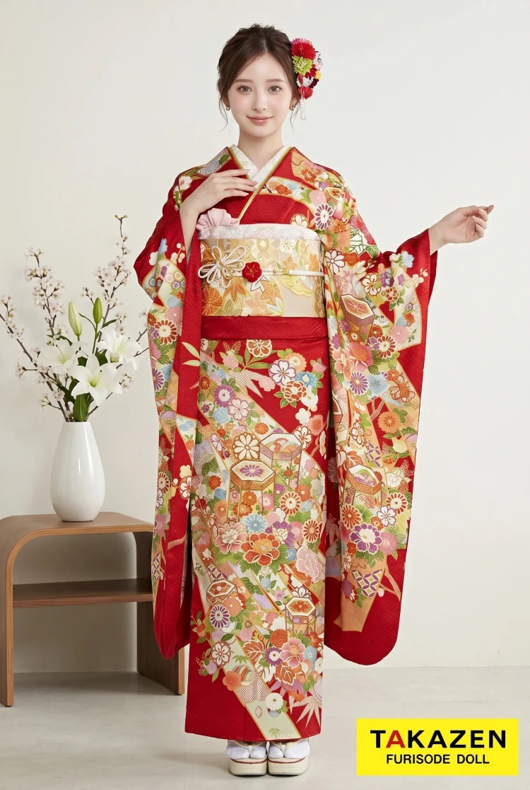 TAKAZENのレンタル振袖 正統派古典　赤/緑　熨斗/貝桶柄　上品　最高級金彩手描友禅　清楚系　王道振袖【通販可】24047