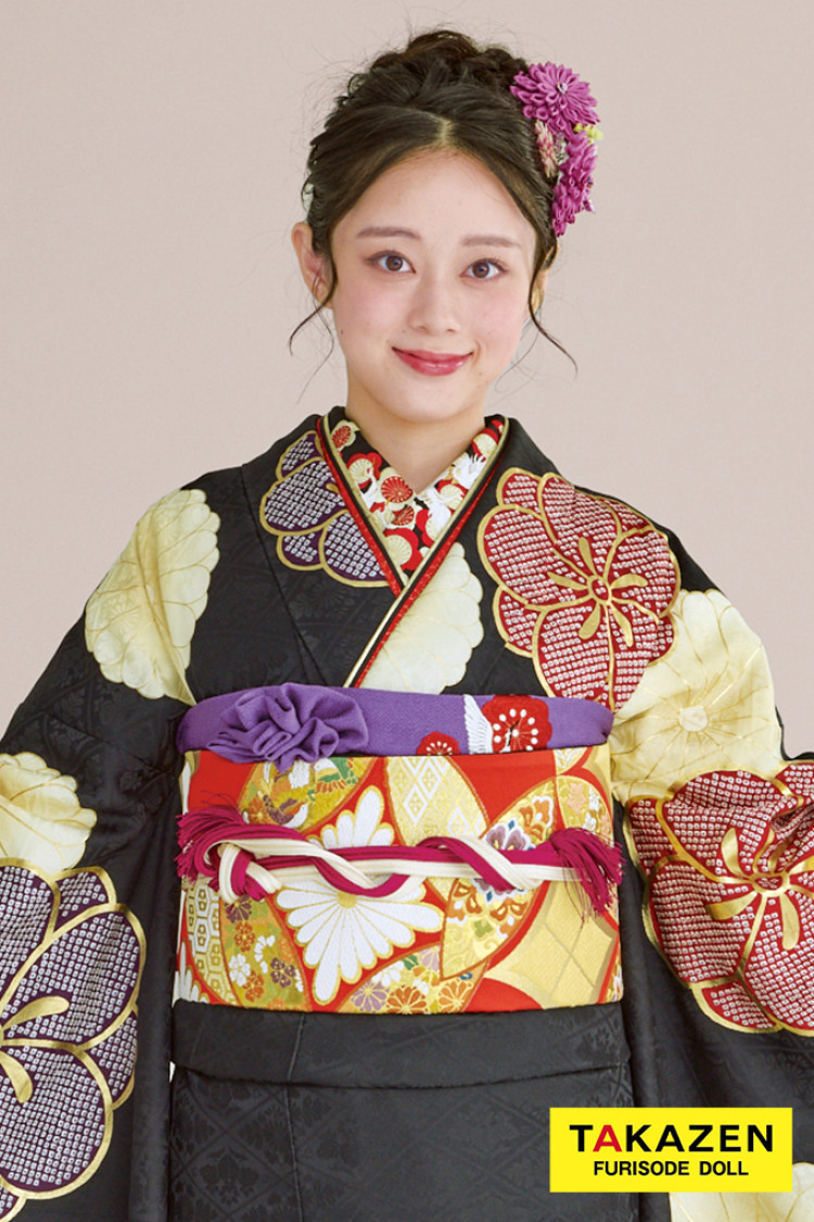 TAKAZENのレンタル振袖 正統派古典 黒/赤/紫 ねじり梅柄/すっきり柄 シンプル 絞り風 シック 大人っぽい 柄大きめ 佐藤不二子【通販可】24048